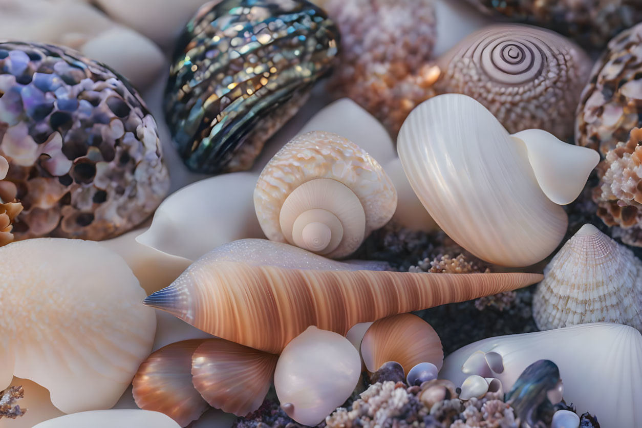 Various Seashells with Spiral Designs and Iridescent Surfaces