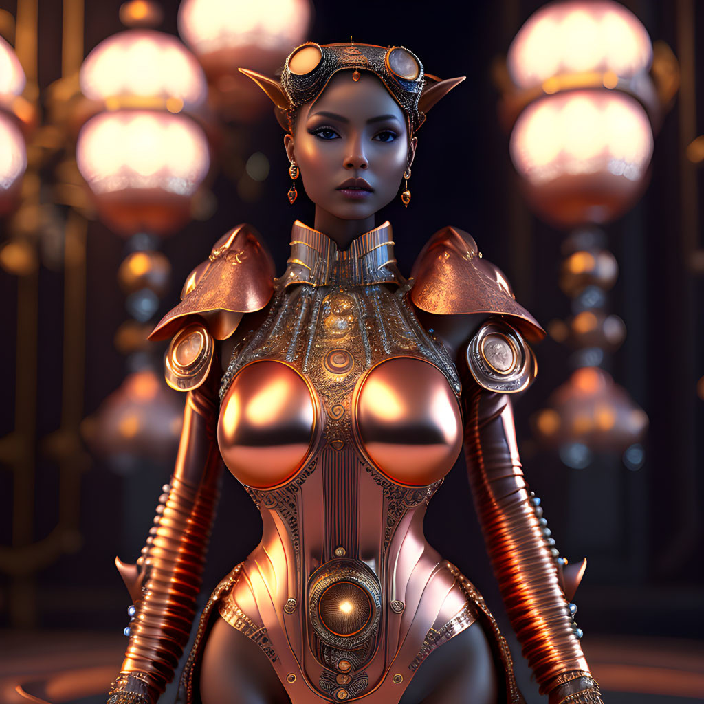 Futuristic woman in ornate armor with gold accents and glowing lights