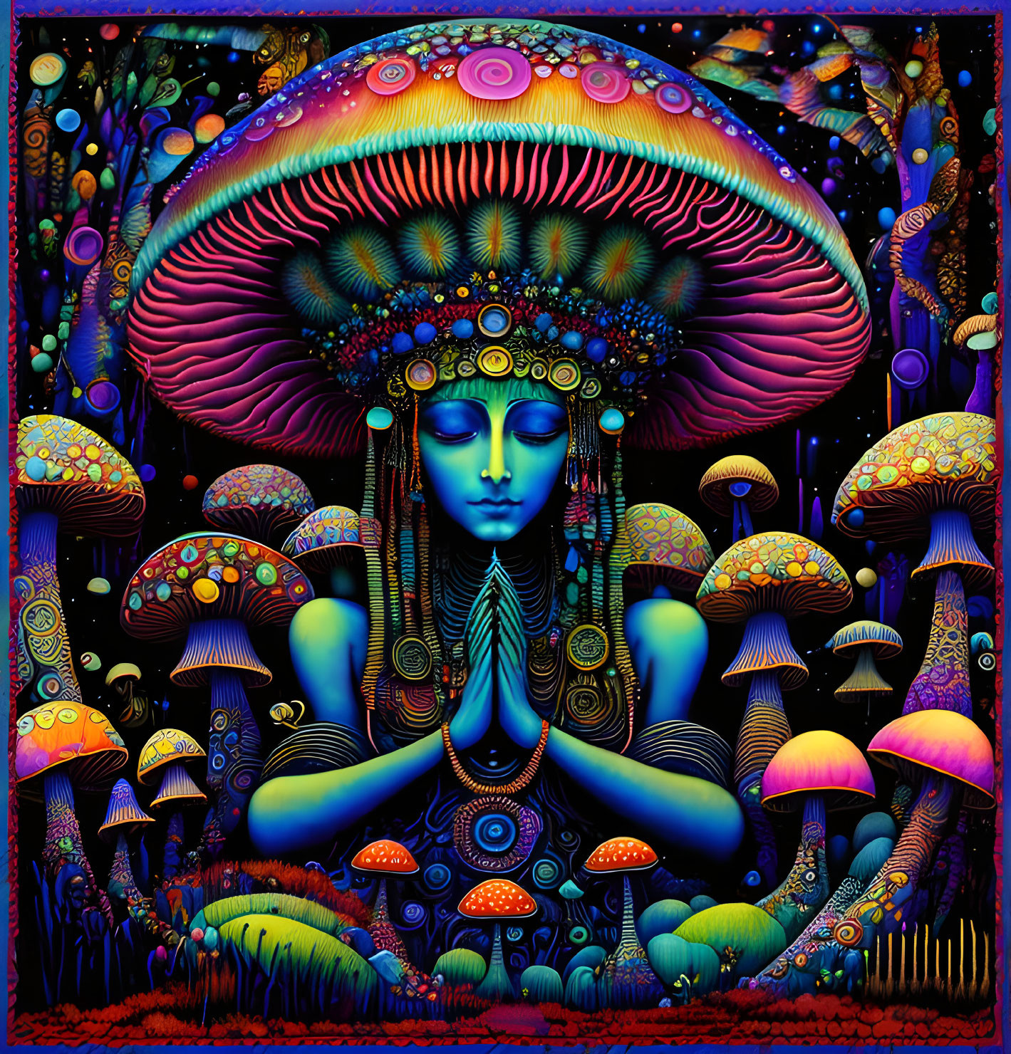 Colorful psychedelic artwork: Meditative figure with mushroom cap head in vibrant flora.