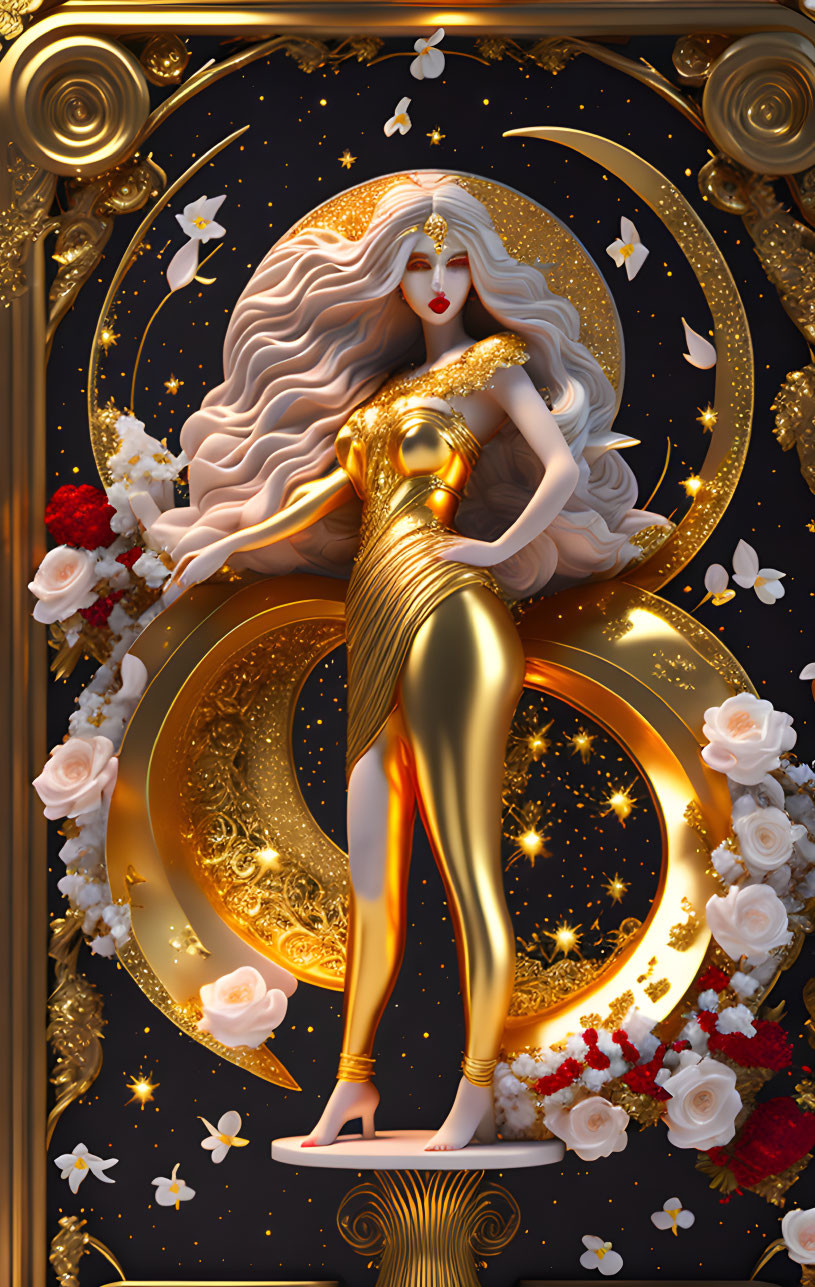 Ethereal woman in golden attire with celestial motifs