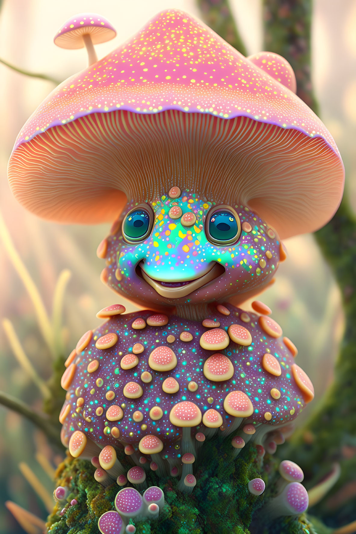 Colorful whimsical creature with large mushroom cap head and vibrant patterns.