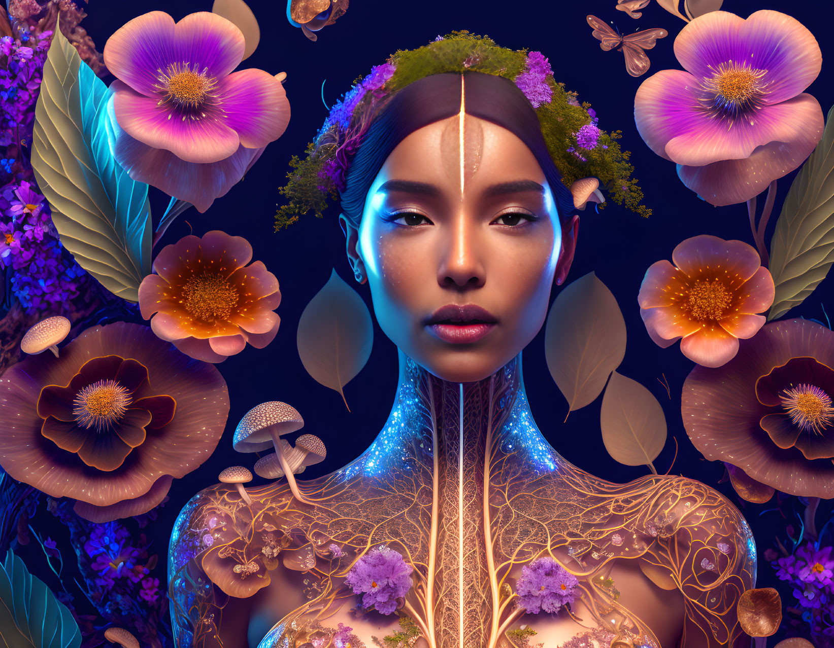 Nature-inspired digital artwork: Woman with floral elements and butterflies