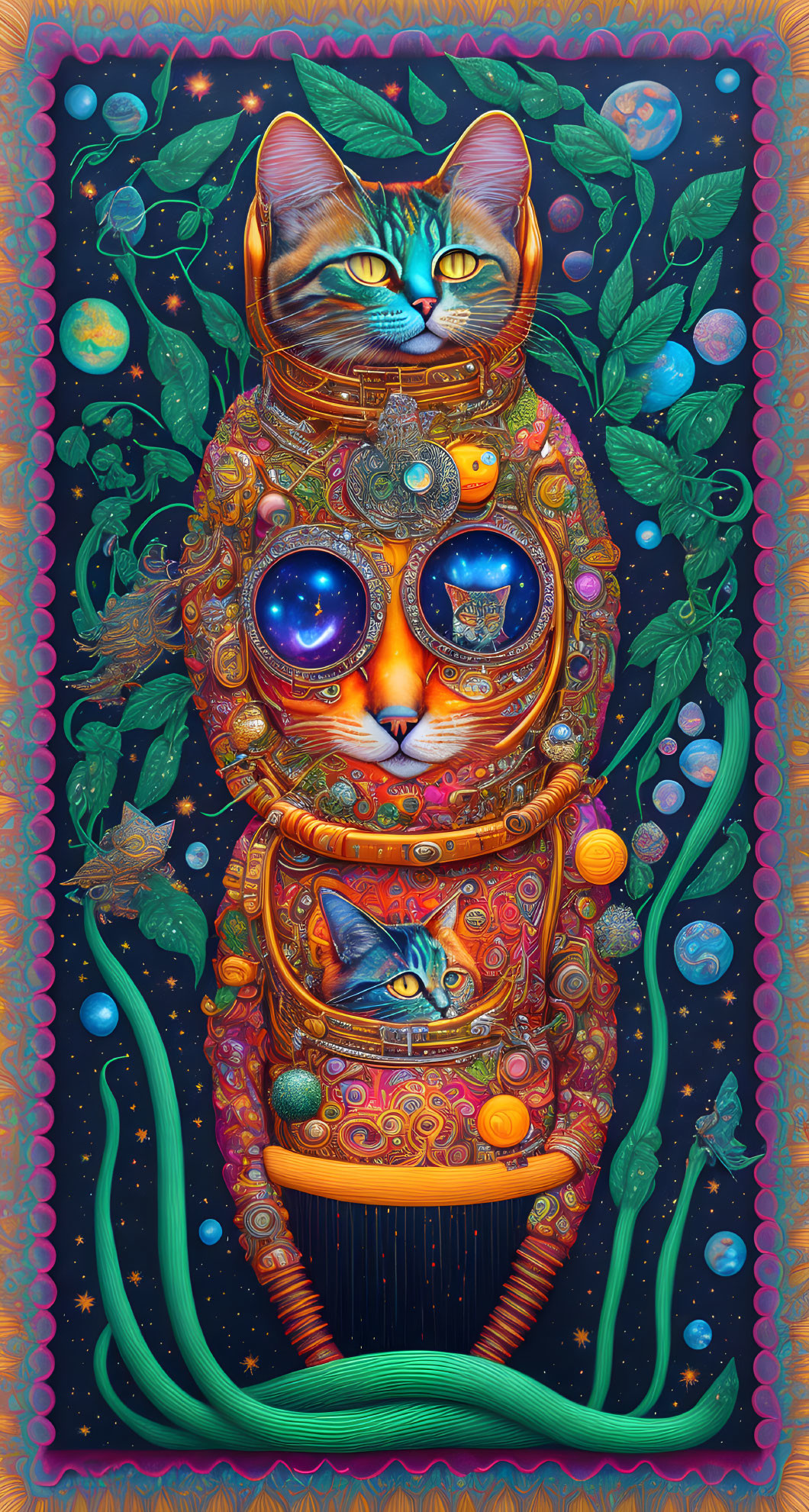 Colorful digital art: Cosmic cat with intricate patterns, celestial bodies, green vines.