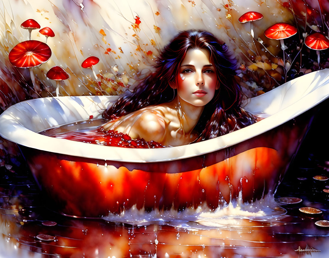 Dark-haired woman in clawfoot tub with red mushrooms, autumnal setting