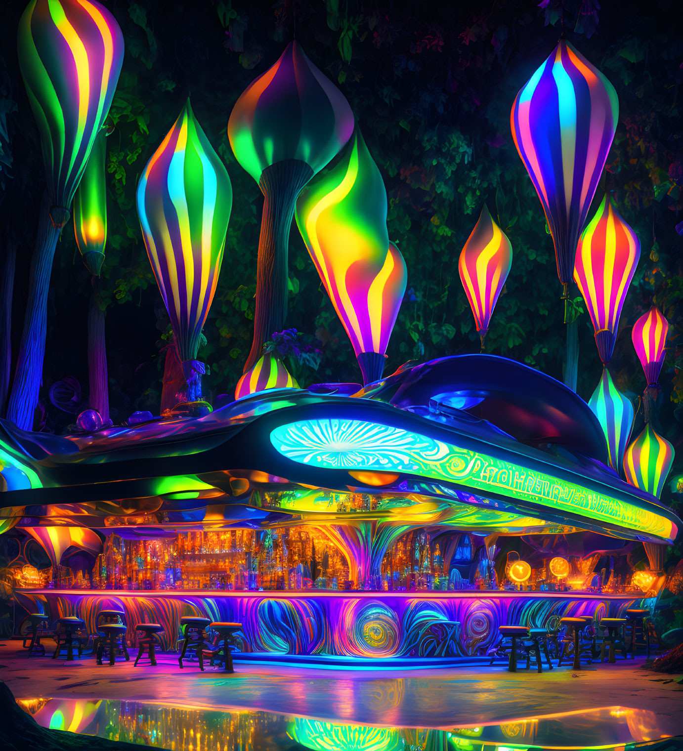 Vibrant neon-lit carousel in lush nocturnal fantasy scene