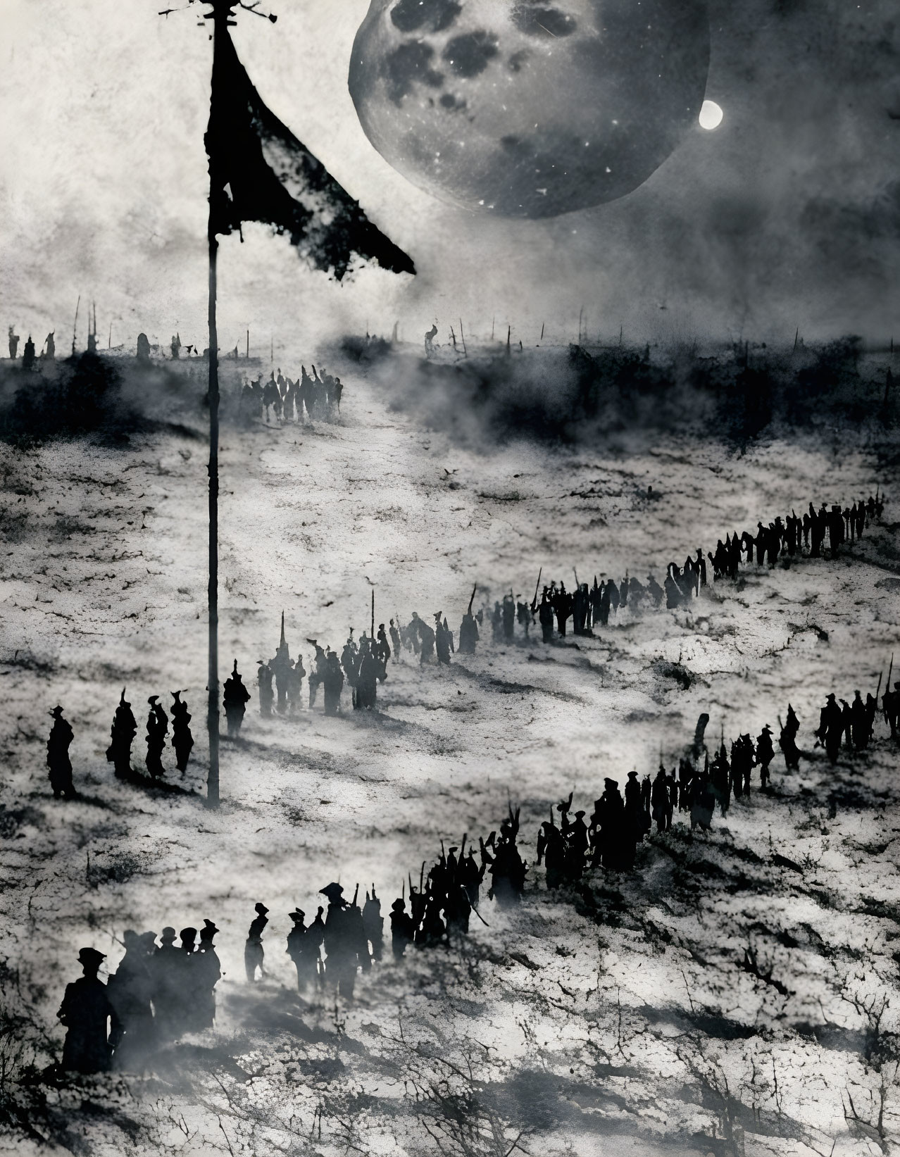 Monochrome fantasy scene: armies under night sky with oversized moon & prominent flag