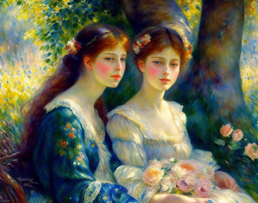 Two women in vintage clothing with floral wreaths in their hair surrounded by lush greenery and soft blooms