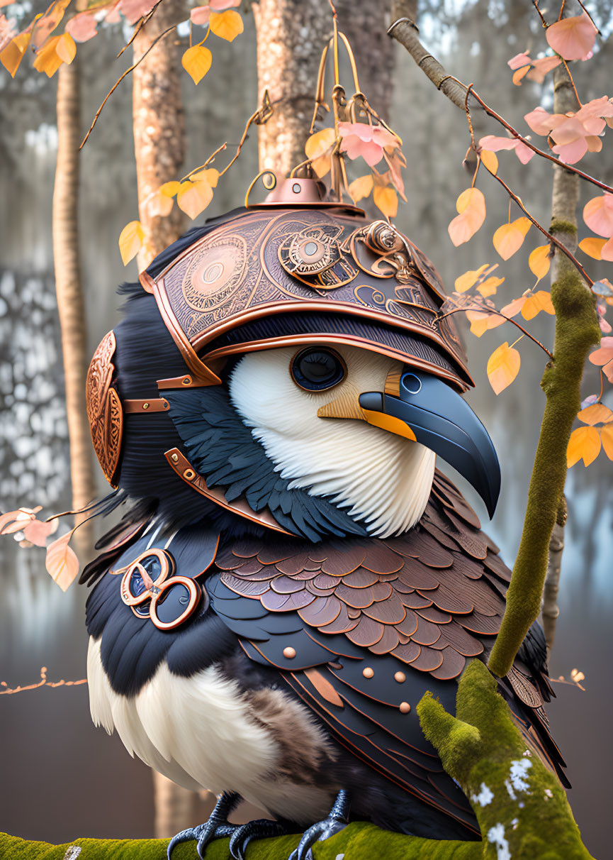 Metallic and leather steampunk bird on branch in misty forest