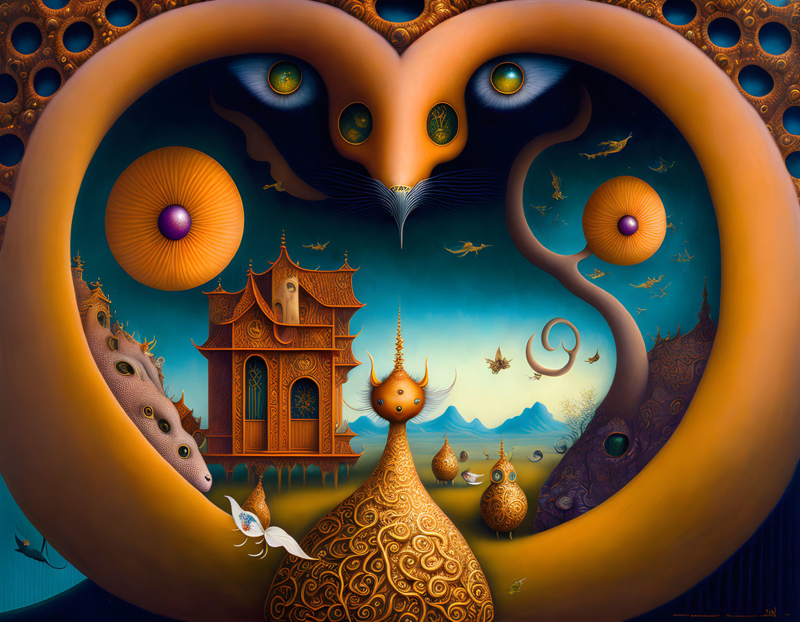 Vibrant surreal artwork: Heart-shaped landscape, whimsical structures, creatures & twilight sky