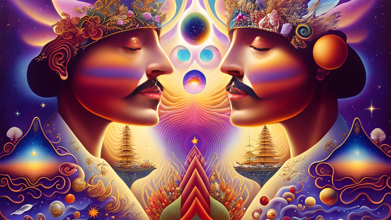 Symmetrical Stylized Faces in Profile on Vibrant Cosmic Background