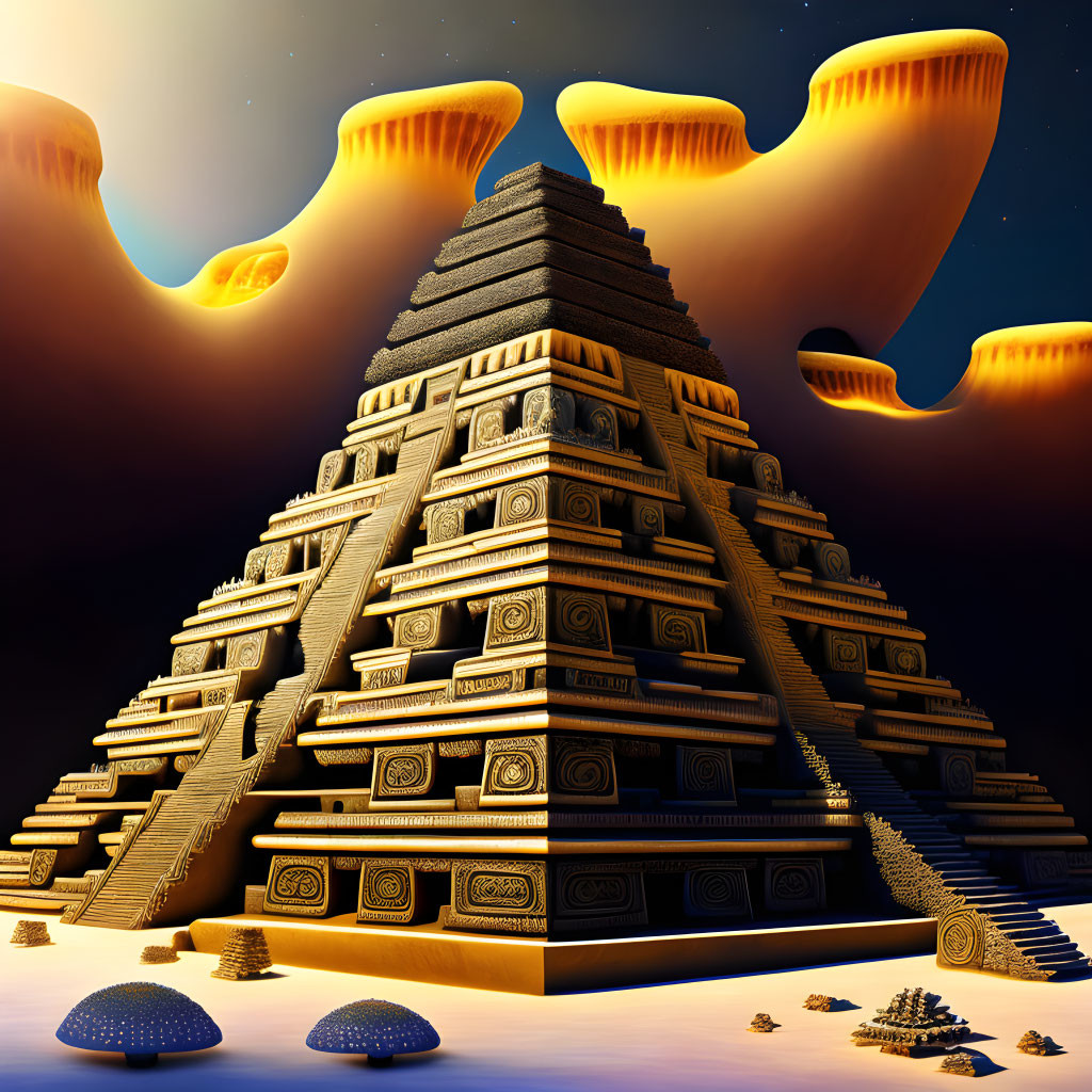 Surreal digital artwork: Black pyramid, staircase, twilight sky, golden ring anomalies