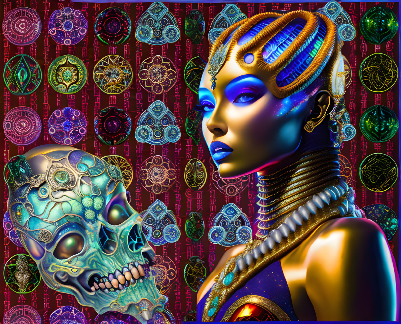 Cosmic woman and skull in vibrant digital art