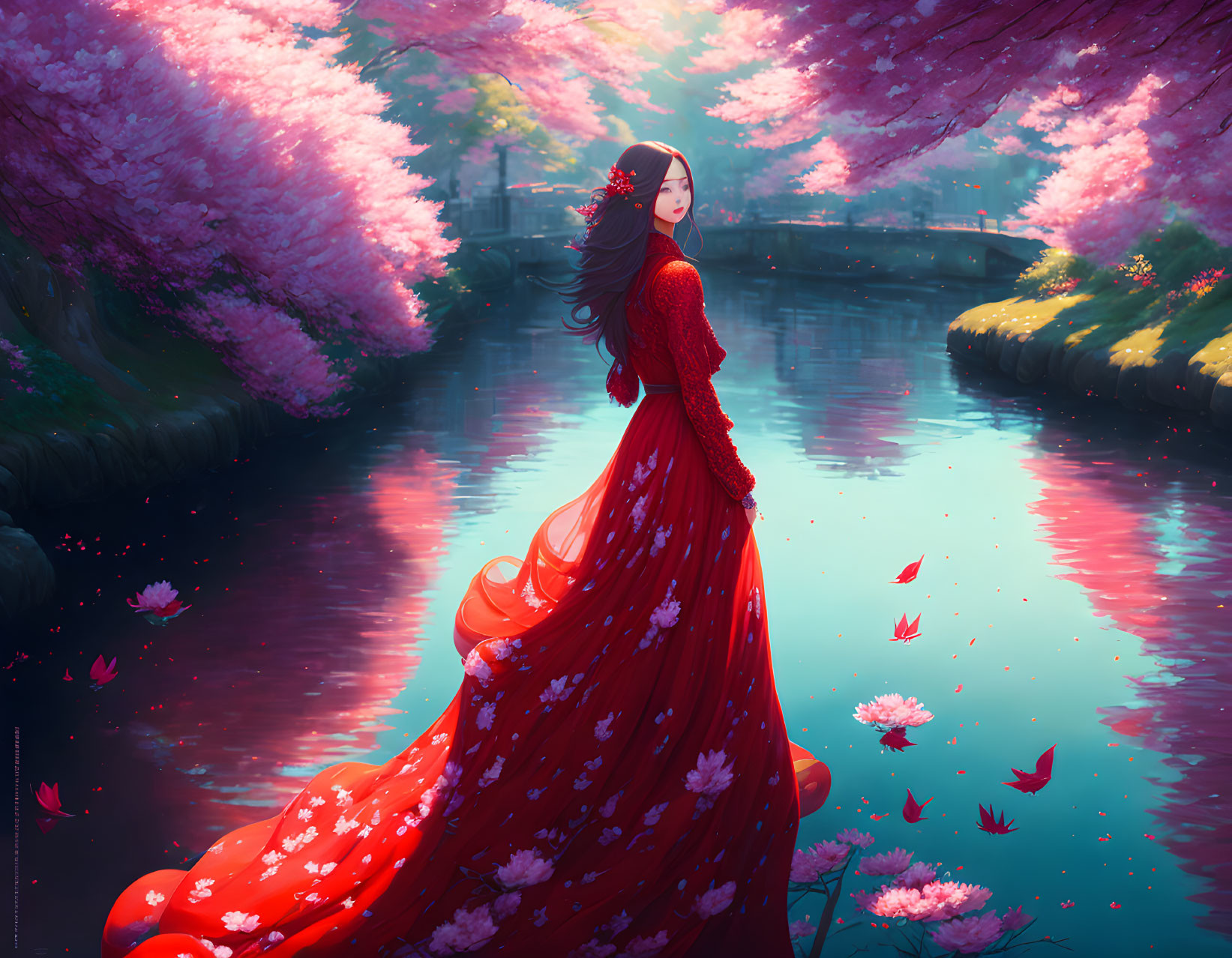 Woman in red dress by cherry blossom river: serene ambiance