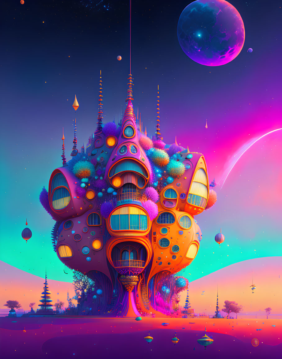 Vibrant alien landscape with floating islands and neon sky