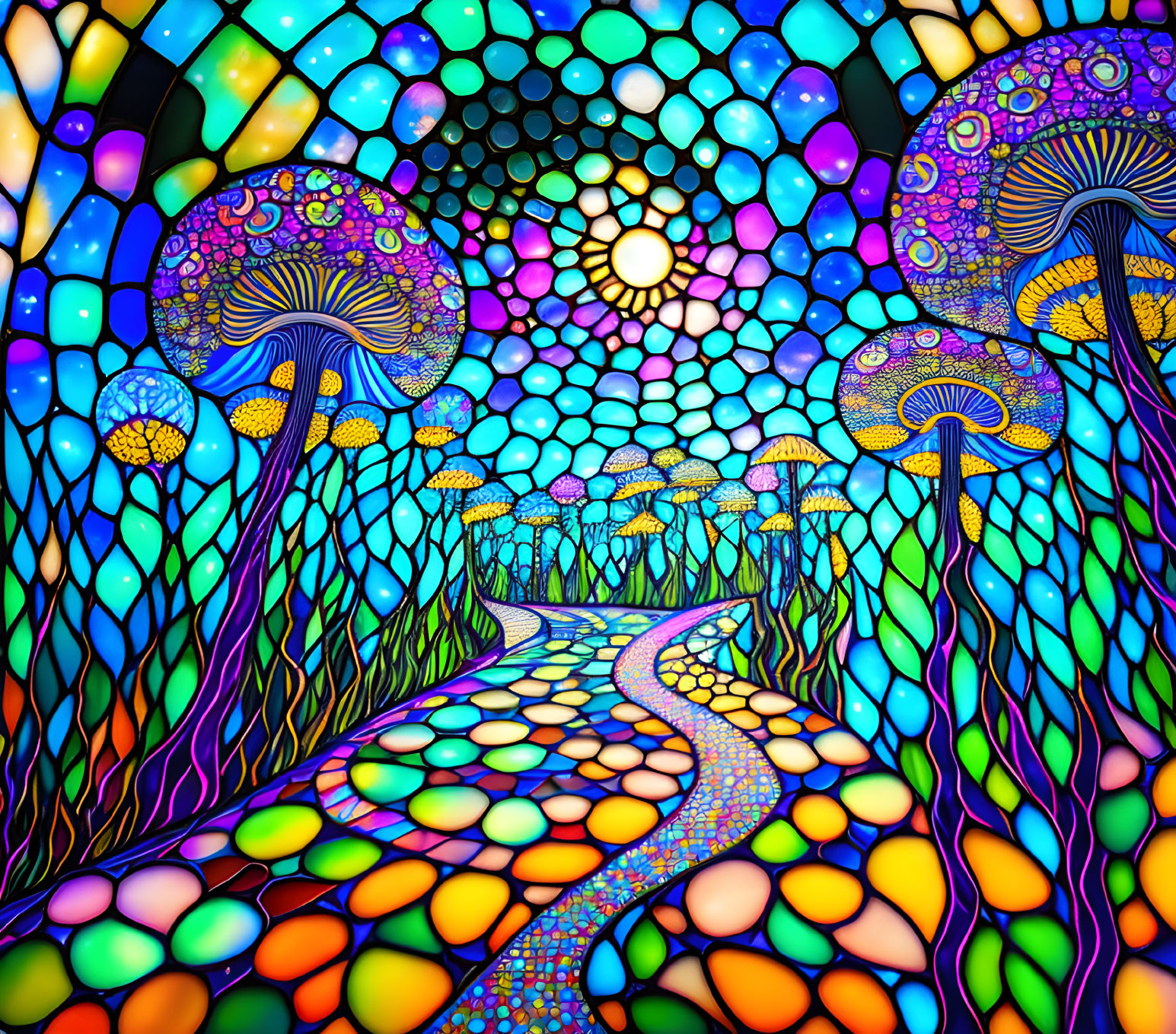 Colorful psychedelic landscape with luminescent mushrooms and mosaic sky.