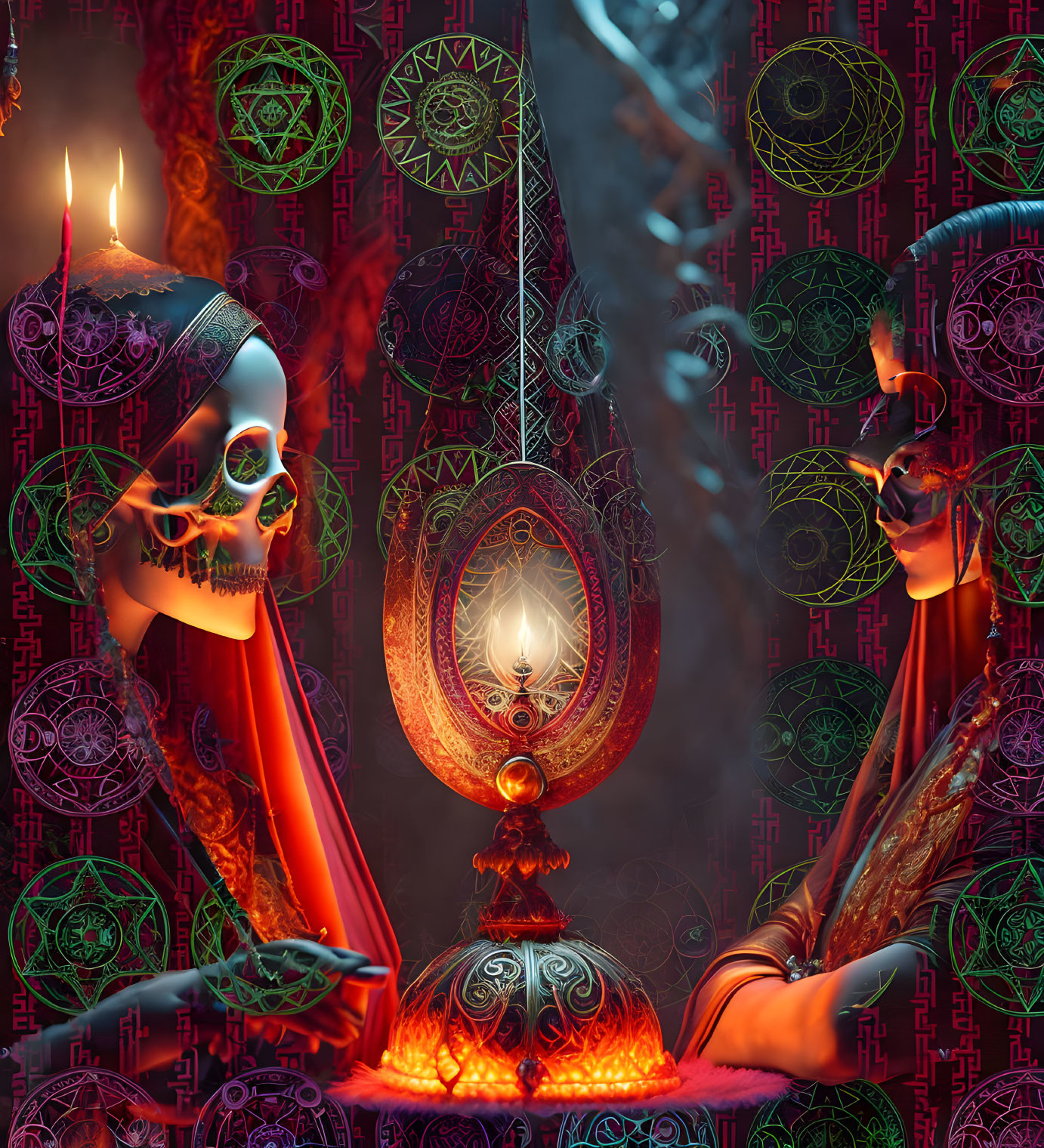 Symmetrical skeletal figures in red cloaks facing flame on mystical dark background