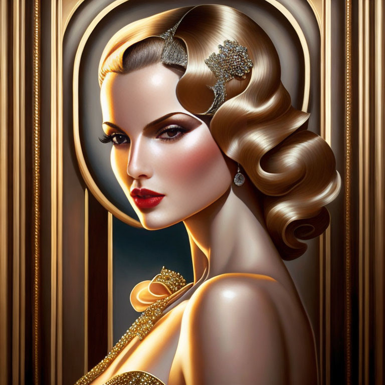 Vintage Hollywood Glamorous Woman Illustration in Golden Frame