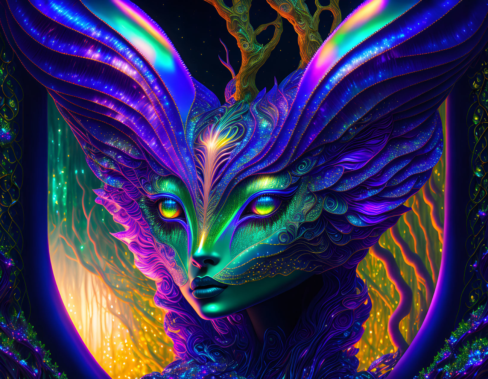 Colorful mystical creature in neon-lit enchanted forest