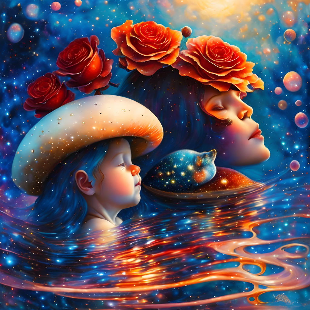 Colorful artwork featuring woman and child with cosmic hair, mushrooms, roses on starry background