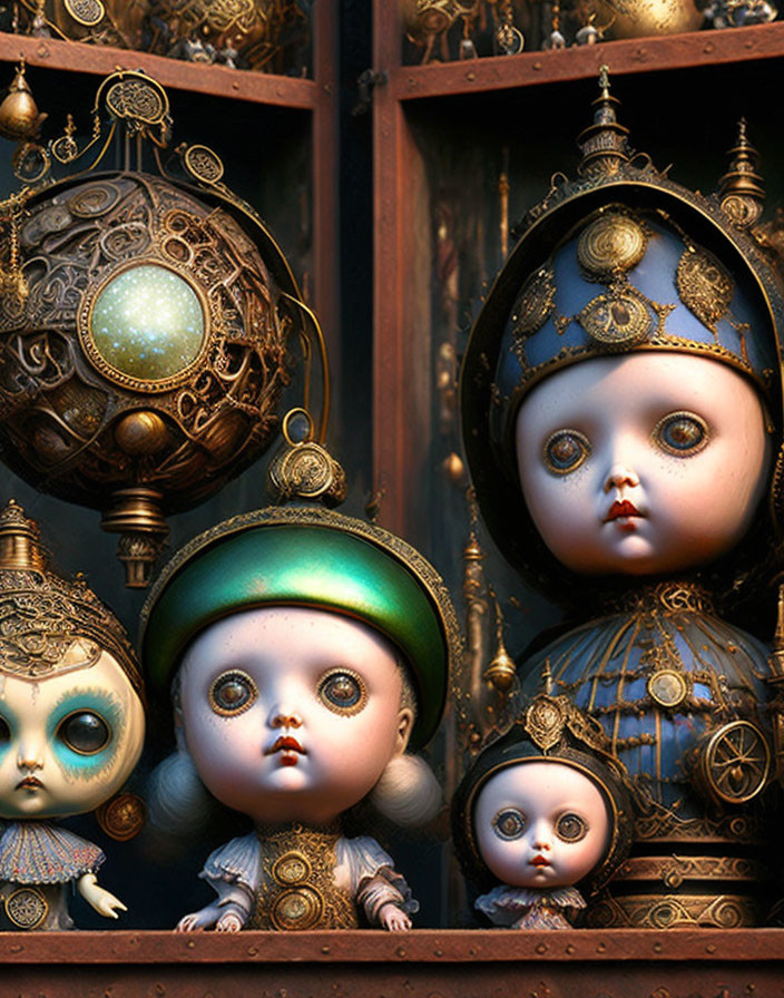 Three ornate doll-like figures with large eyes and intricate headpieces among vintage mechanical objects