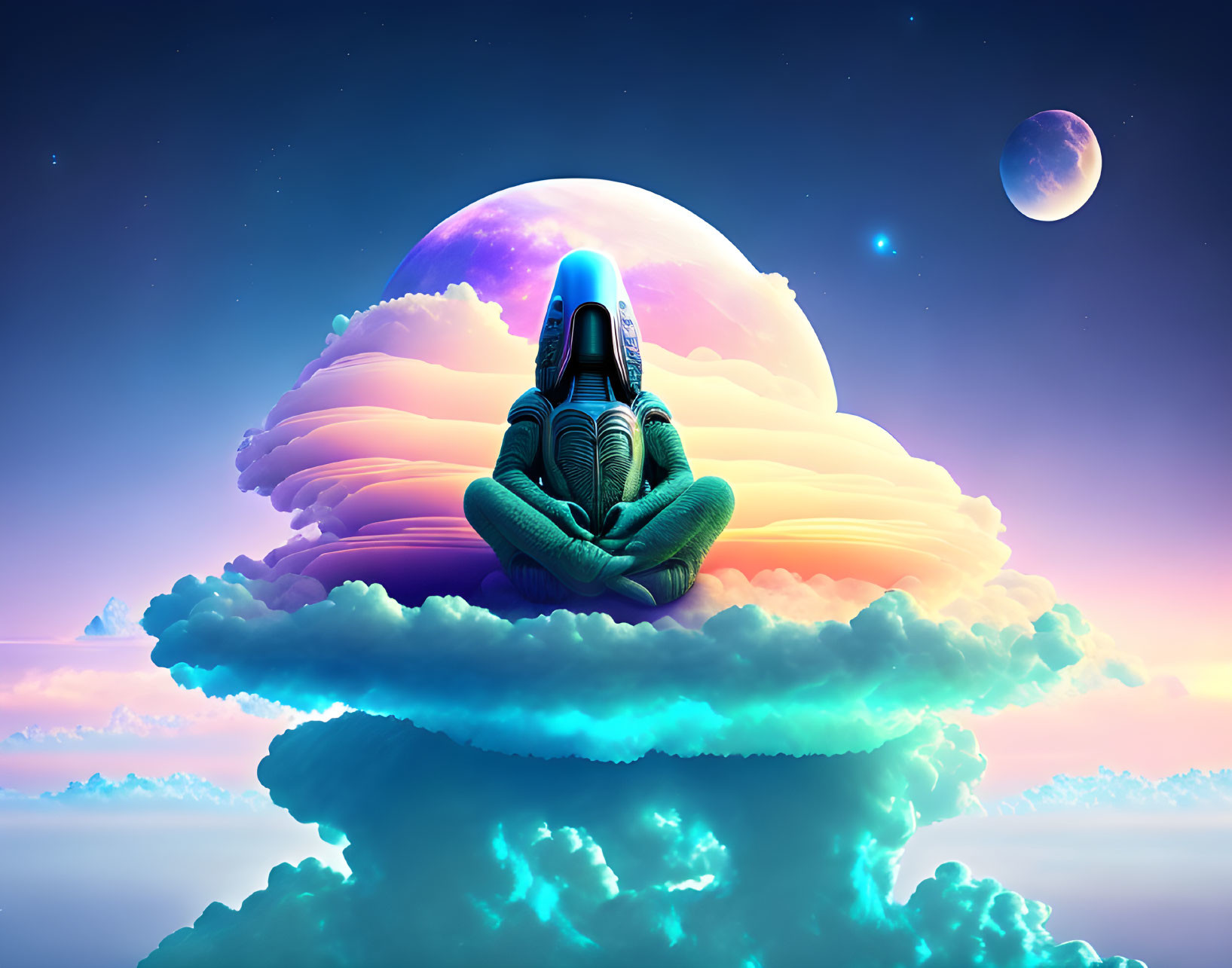 Person in spacesuit meditates on cloud with moon, planet, and stars in twilight sky