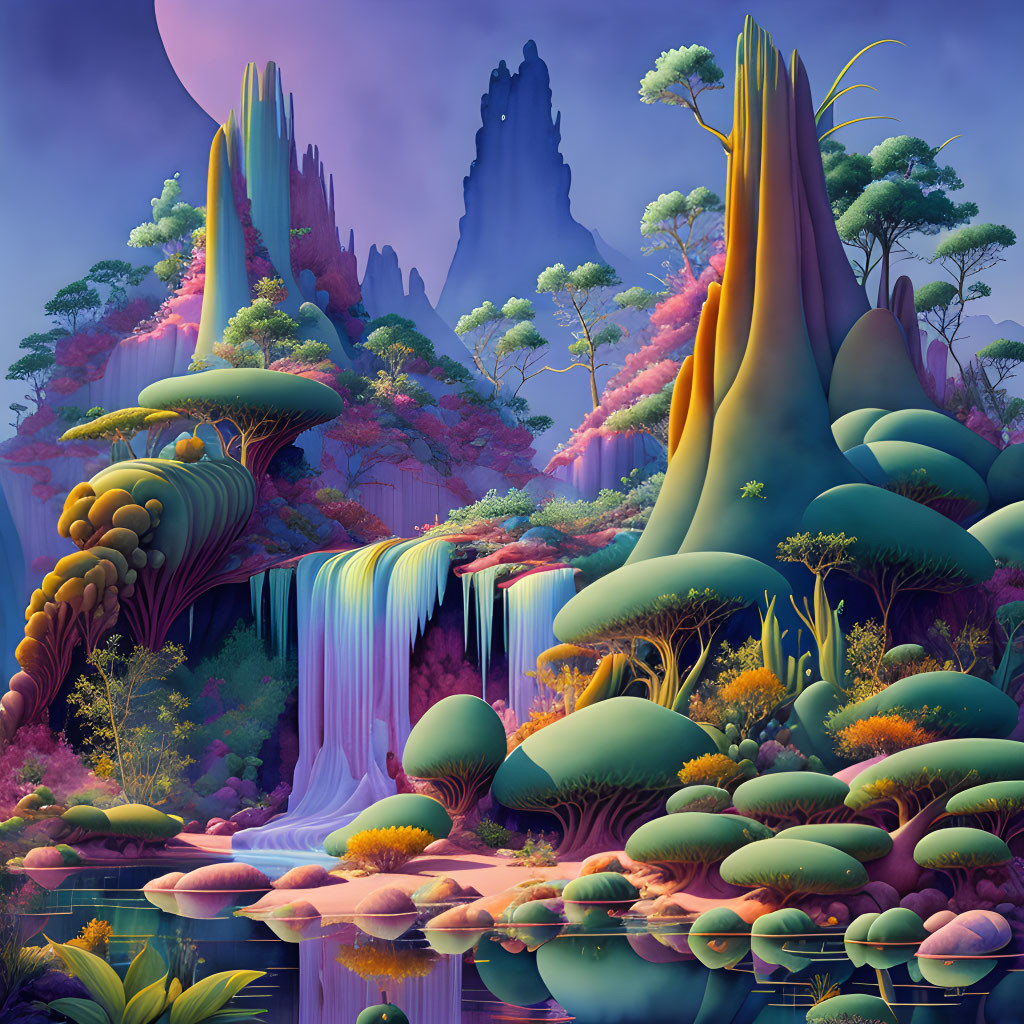 Colorful Vegetation and Waterfalls in Twilight Landscape