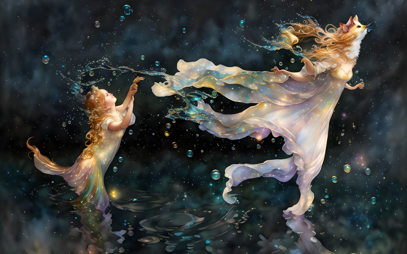 Golden-dressed woman and girl in starry water with bubbles