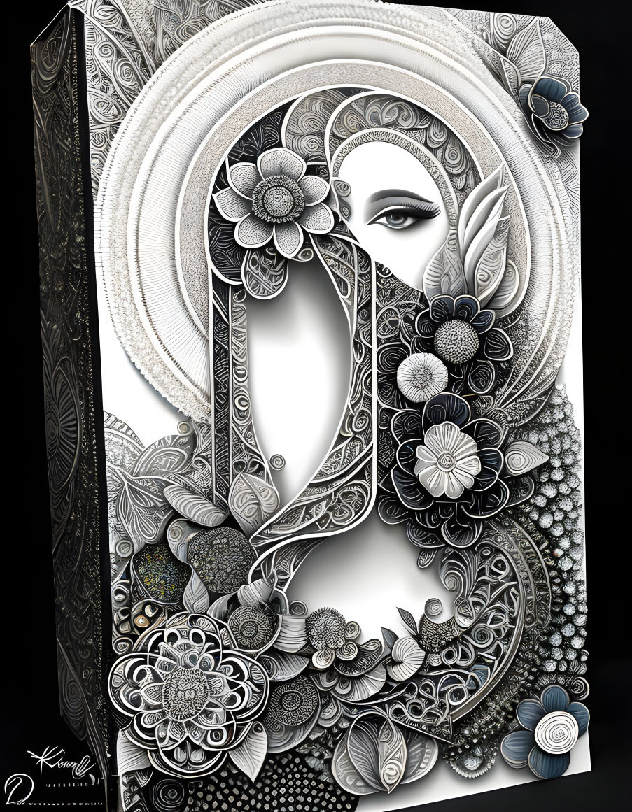 Detailed black and white artwork of stylized woman's face with floral and circular patterns