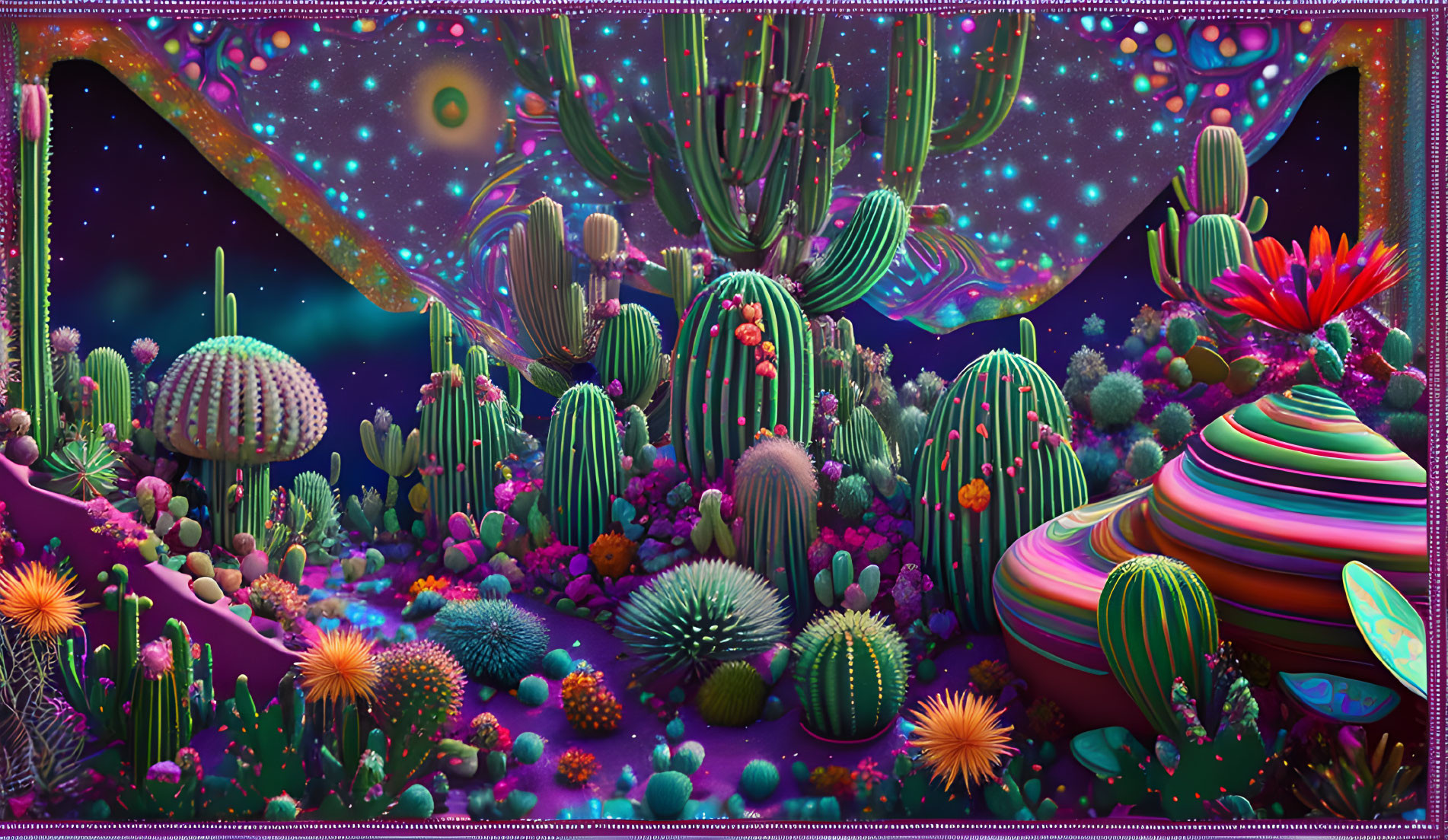 Colorful Stylized Cacti and Succulents in Fantastical Landscape