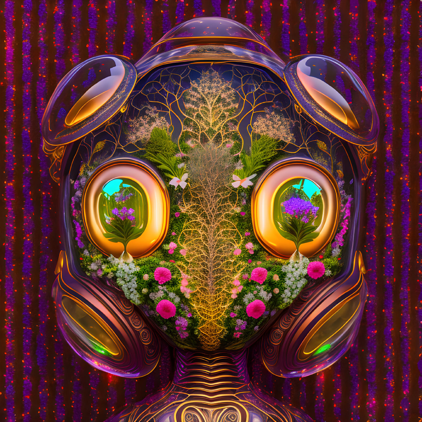 Colorful Psychedelic Alien Face with Floral and Tree Motifs