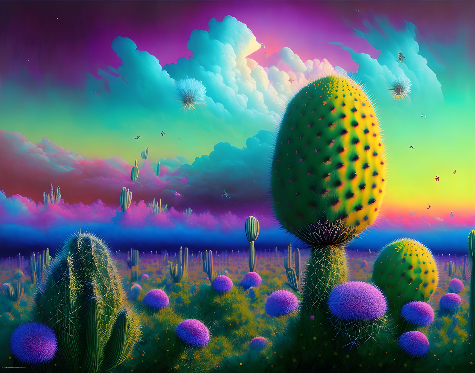 Colorful surreal desert landscape with cacti and floating spores under dreamlike sky