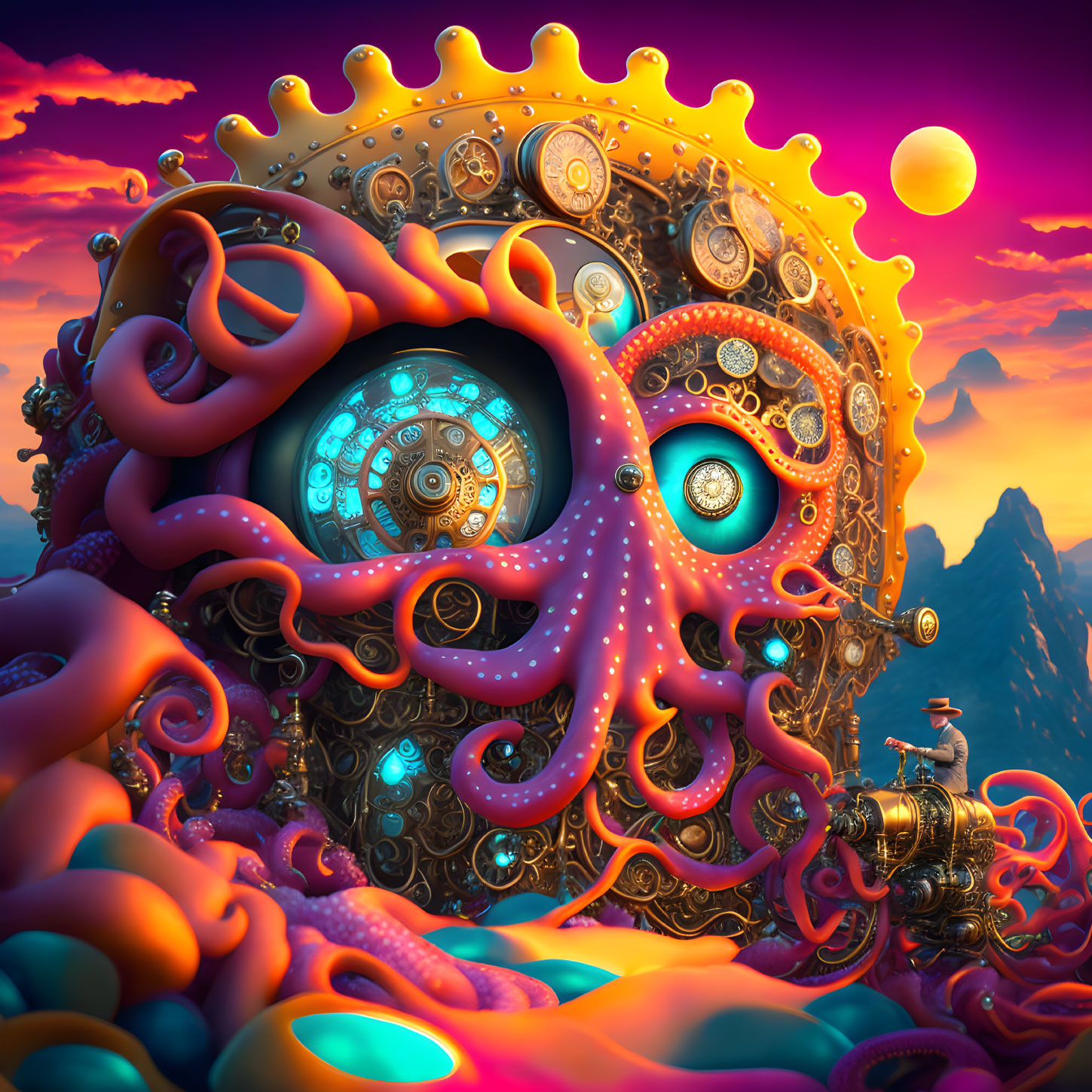 Surreal octopus with mechanical gears and clocks in vibrant sunset scene