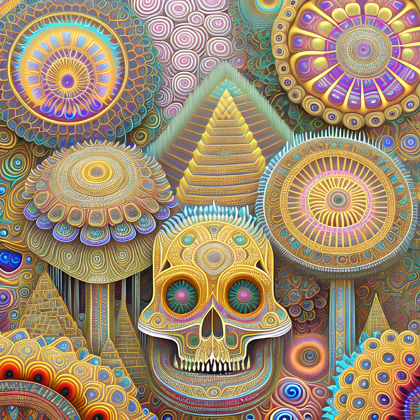 Colorful digital art: stylized skull with geometric patterns.