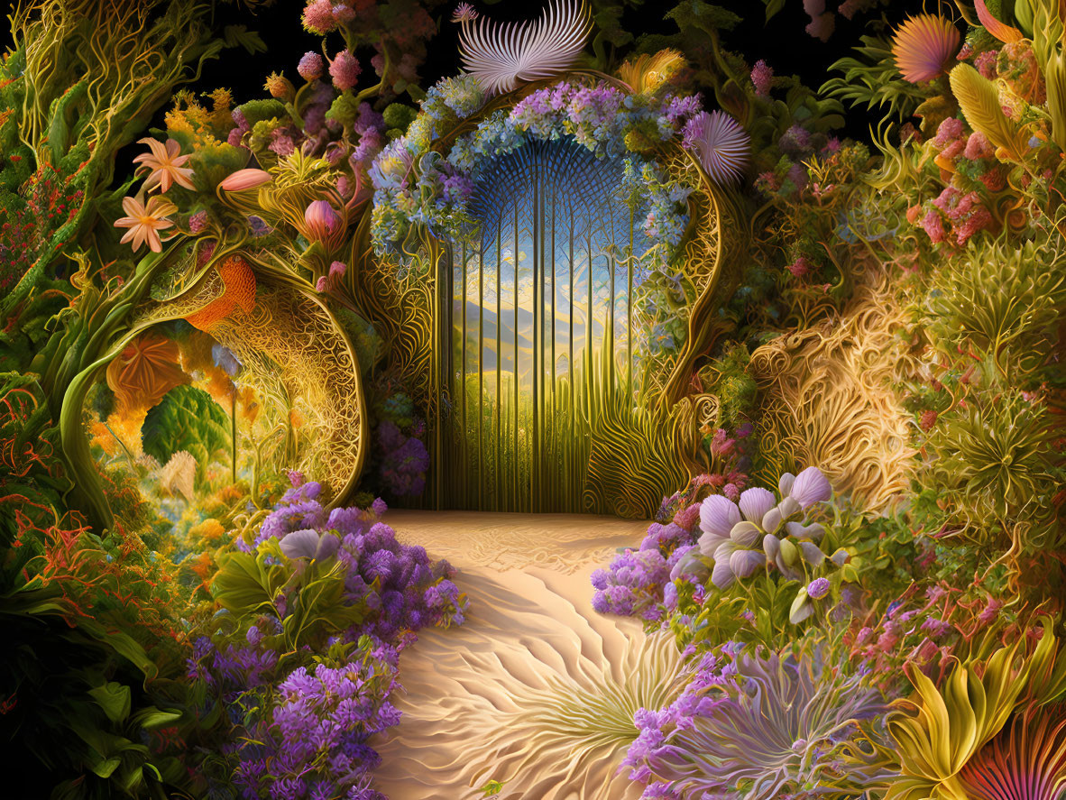 Enchanted garden digital art: lush vegetation, golden gate, magical path, sunset