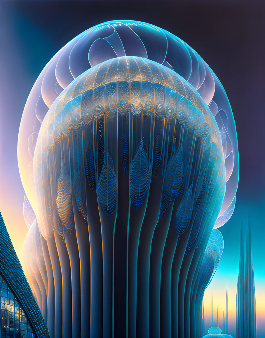 Translucent glowing jellyfish in futuristic cityscape at twilight