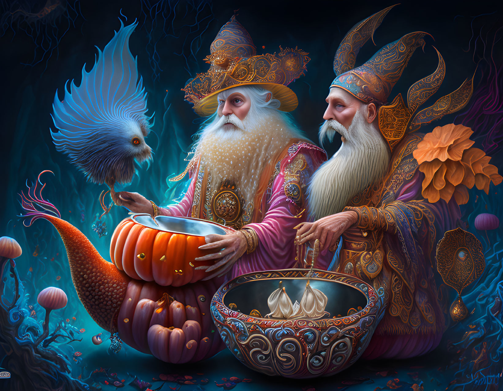 Two wizards in ornate robes and hats studying a magical potion with vibrant bird and glowing mushrooms.