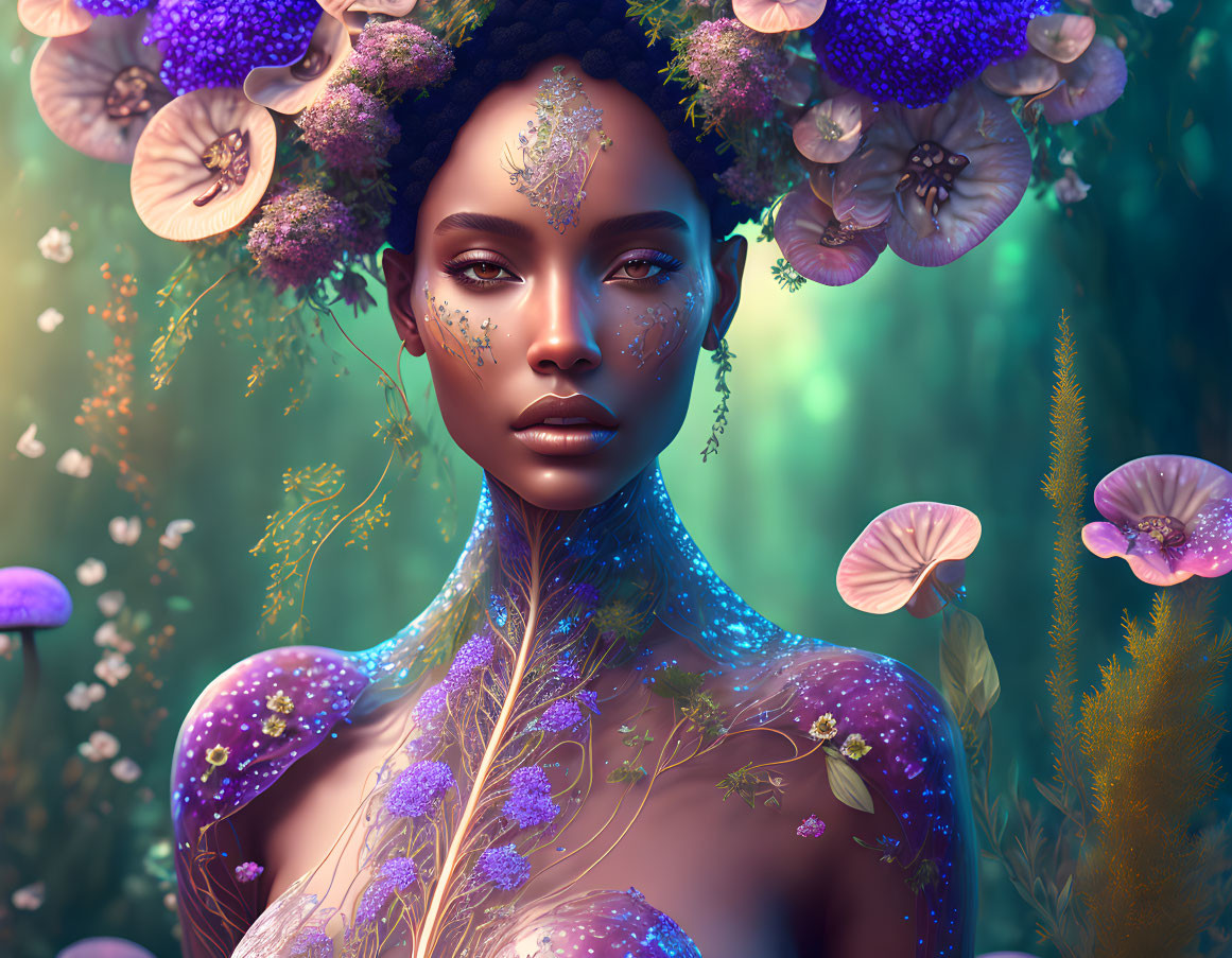 Digital Art Portrait: Woman with Floral Adornments in Mystical Forest