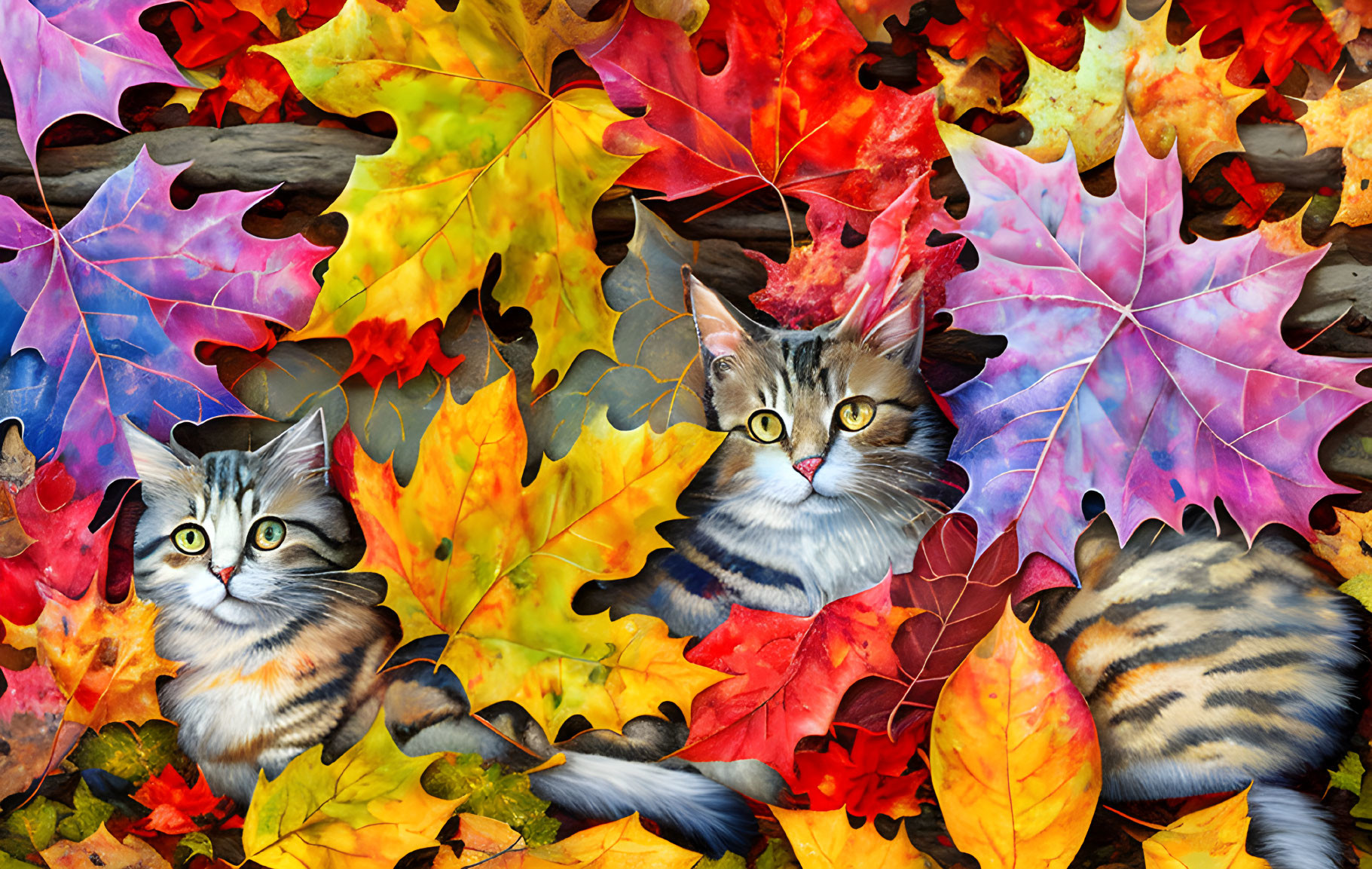 Two Cats Blending in Vibrant Autumn Leaves