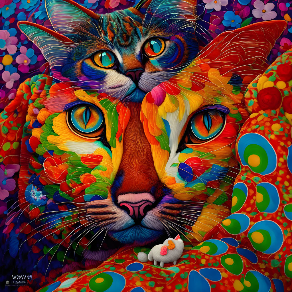 Vibrant psychedelic artwork of two cats with colorful fur and abstract patterns