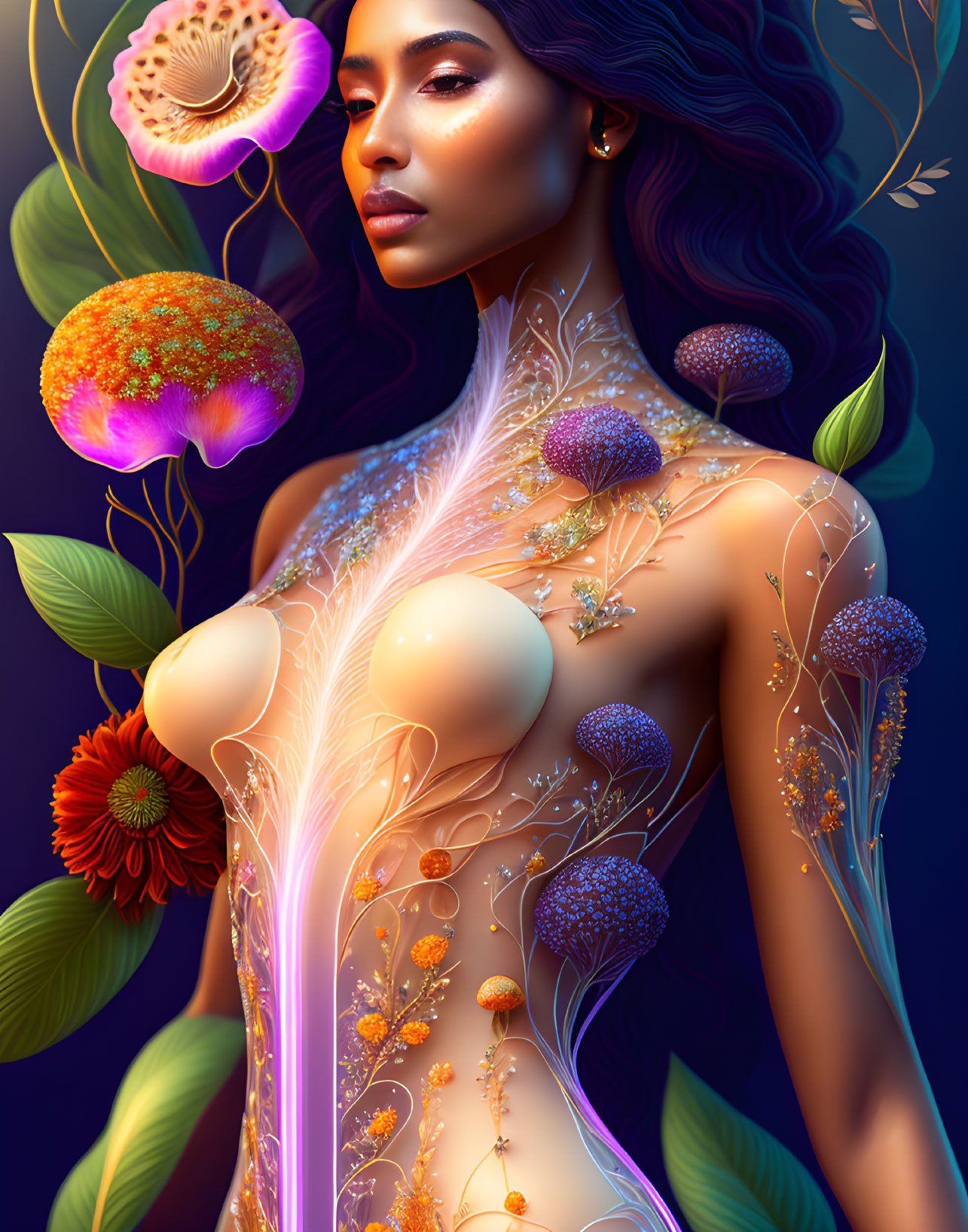 Colorful Stylized Illustration of Woman with Floral and Mycological Designs