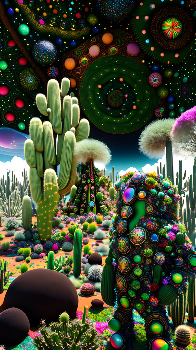 Colorful psychedelic desert landscape with cacti and succulents illustrations