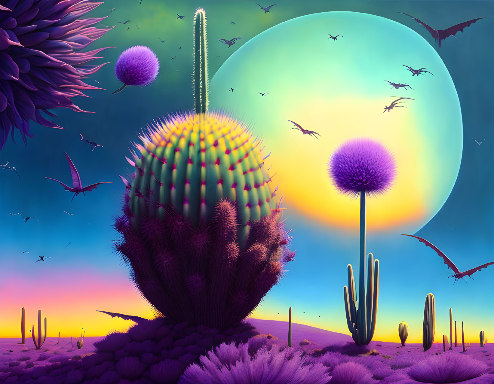 Alien landscape with cacti, large moon, flying creatures, purple sky at dusk or dawn