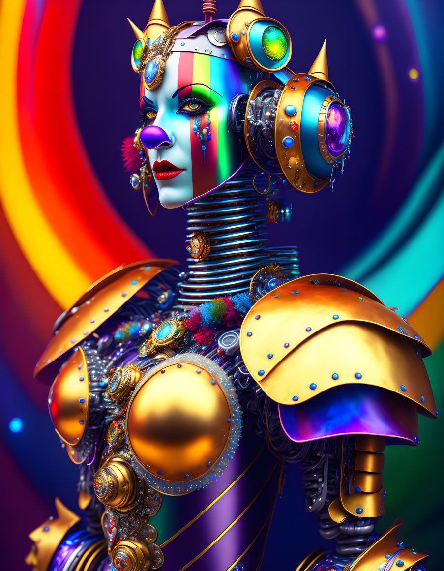 Colorful humanoid robot portrait in gold and blue armor with futuristic headset on rainbow background