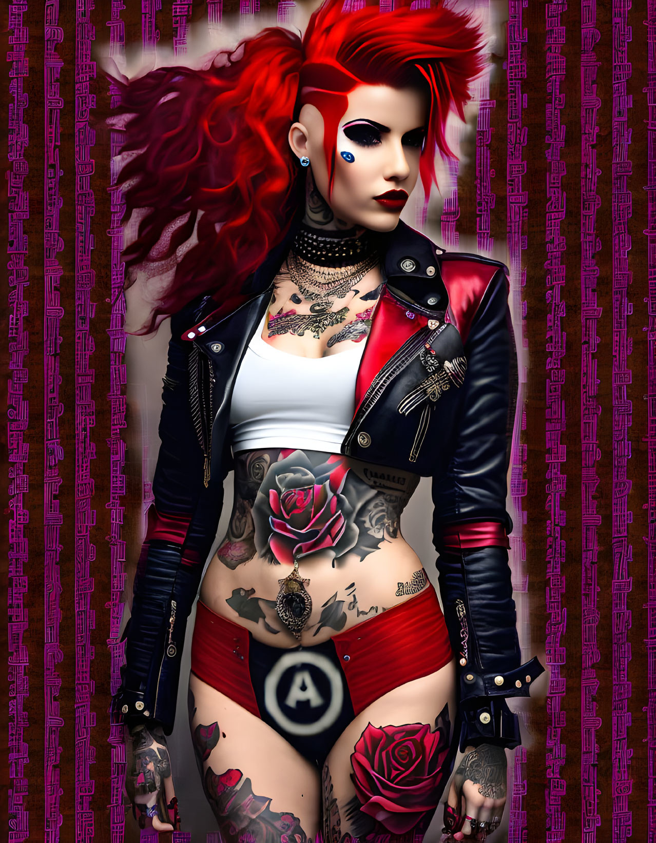 Digital artwork: Woman with red hair, punk style, tattoos, leather jacket, and striking makeup on