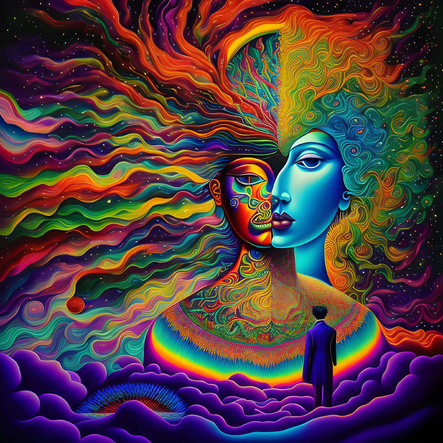 Colorful Psychedelic Artwork: Large Blue Face Profile with Small Figure in Vibrant Patterns