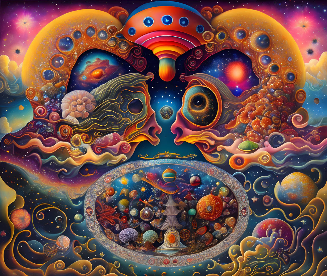 Colorful surreal artwork with cosmic elements & central eye motif