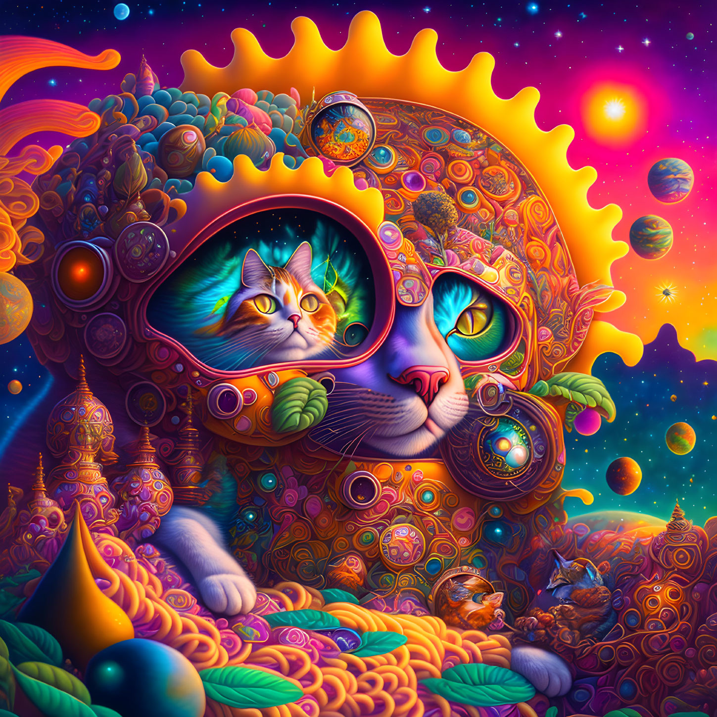 Psychedelic cosmic landscape with cat's face and colorful patterns