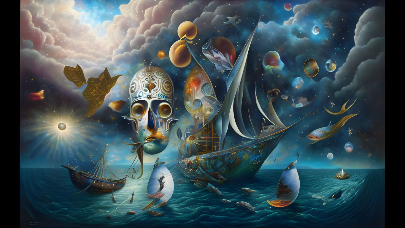 Surreal marine scene with mask-like structure, fantastical ships, sea creatures, bubbles, cosmic