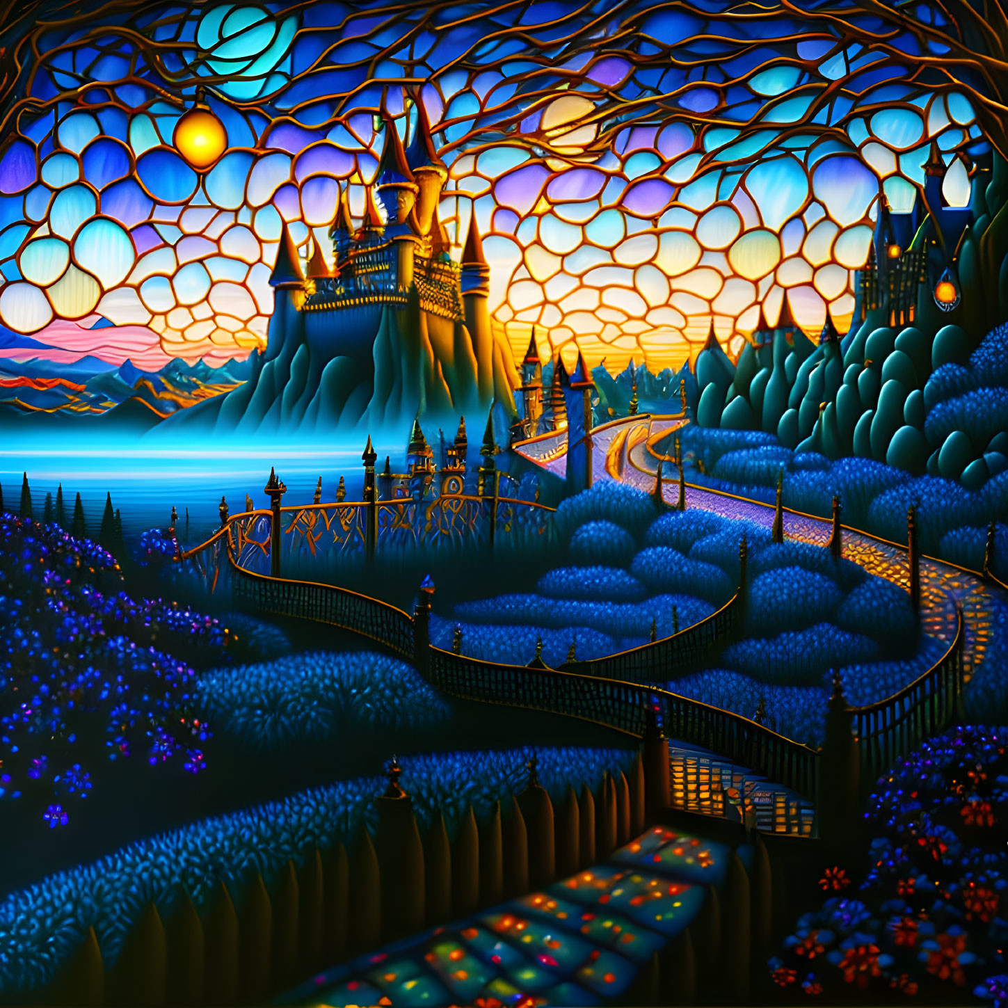 Whimsical landscape with glowing castle and luminescent trees