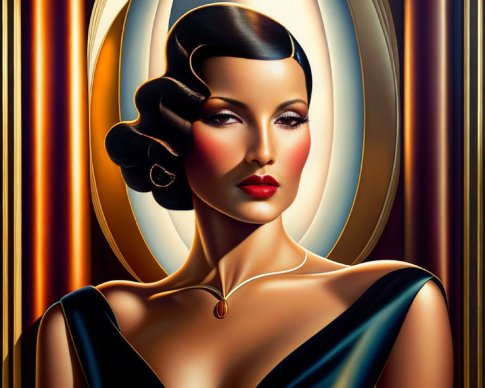 Vintage Glamor Style Portrait of Woman in Blue Dress and Art Deco Background